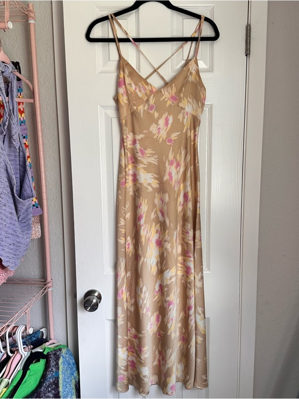 Forever 21 Beige Maxi Slip Dress with Pink and White Floral Print